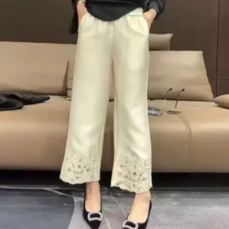 新中式重磅镂空刺绣高腰窄版阔腿裤夏季百搭气质长裤