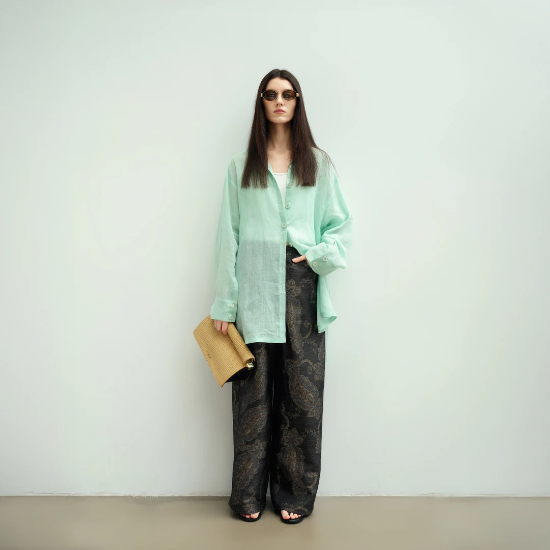 AUDREYWANG“暗香”金丝缕金花朵暗纹宽松休闲裤12753