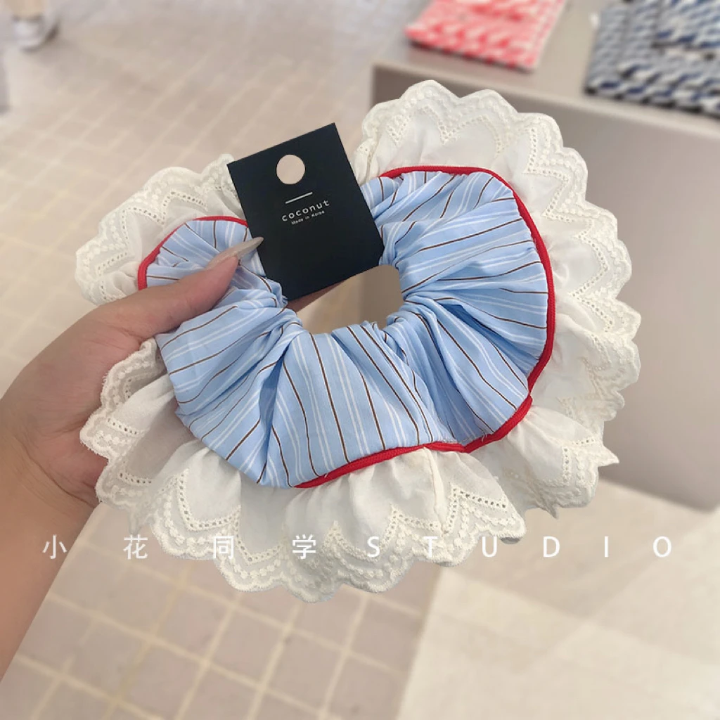 韩国发饰2025新款浅蓝色深蓝色蕾丝花边格子大肠圈发圈头饰发绳