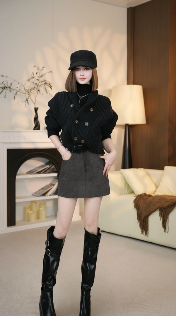 秋冬新款复古风时尚气质双排扣宽松V领针织开衫毛衣外套