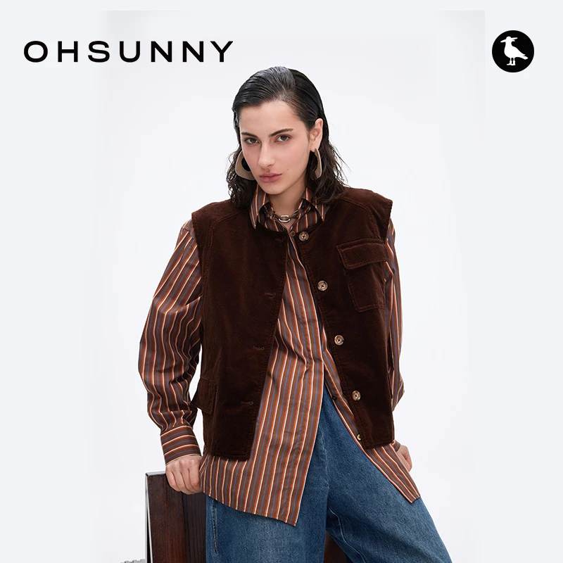 ohsunny条纹衬衫女春秋新款琥珀流光时尚休闲复古宽肩马甲套装