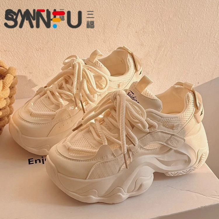 三福老爹鞋女2025夏季网面小白鞋新款透气配阔腿裤女鞋厚底运动鞋
