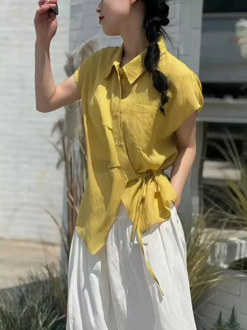 2025夏季新款韩版宽松显瘦翻领系带短袖衬衫配白色女装两件套套装