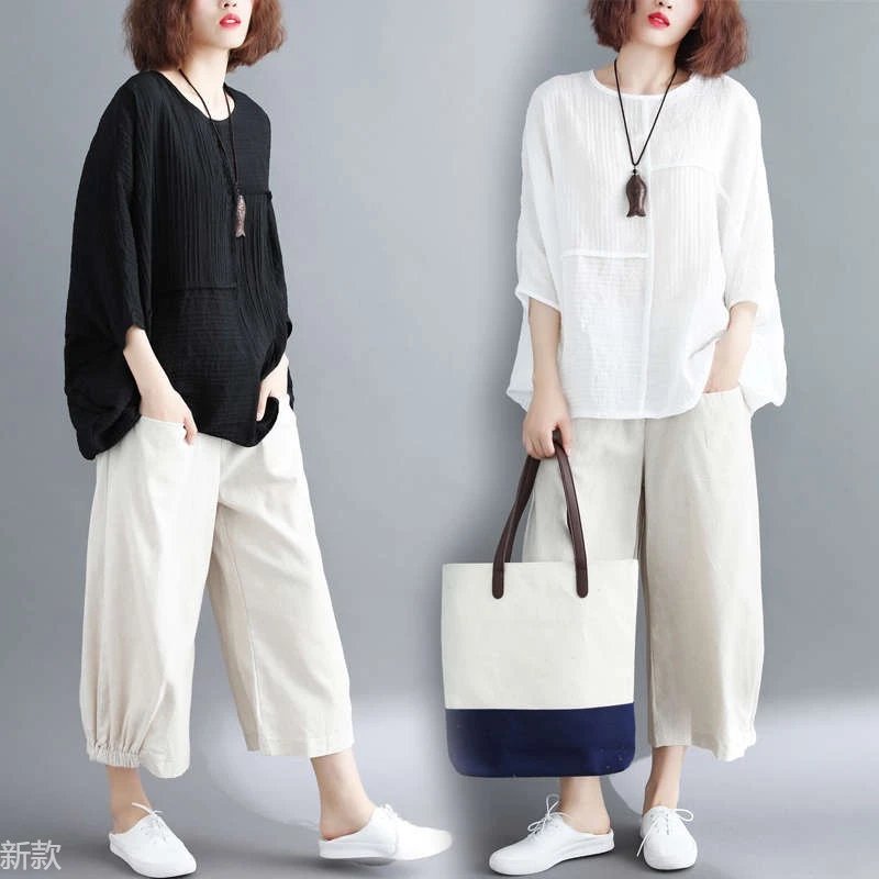 大码女装套装夏季2025新款时尚胖妹妹九分阔腿裤宽松上衣两件套