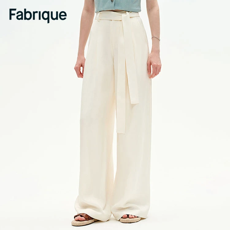 Fabrique Clare春夏新款糯米白亚麻轻薄腰带直筒休闲百搭阔腿长裤