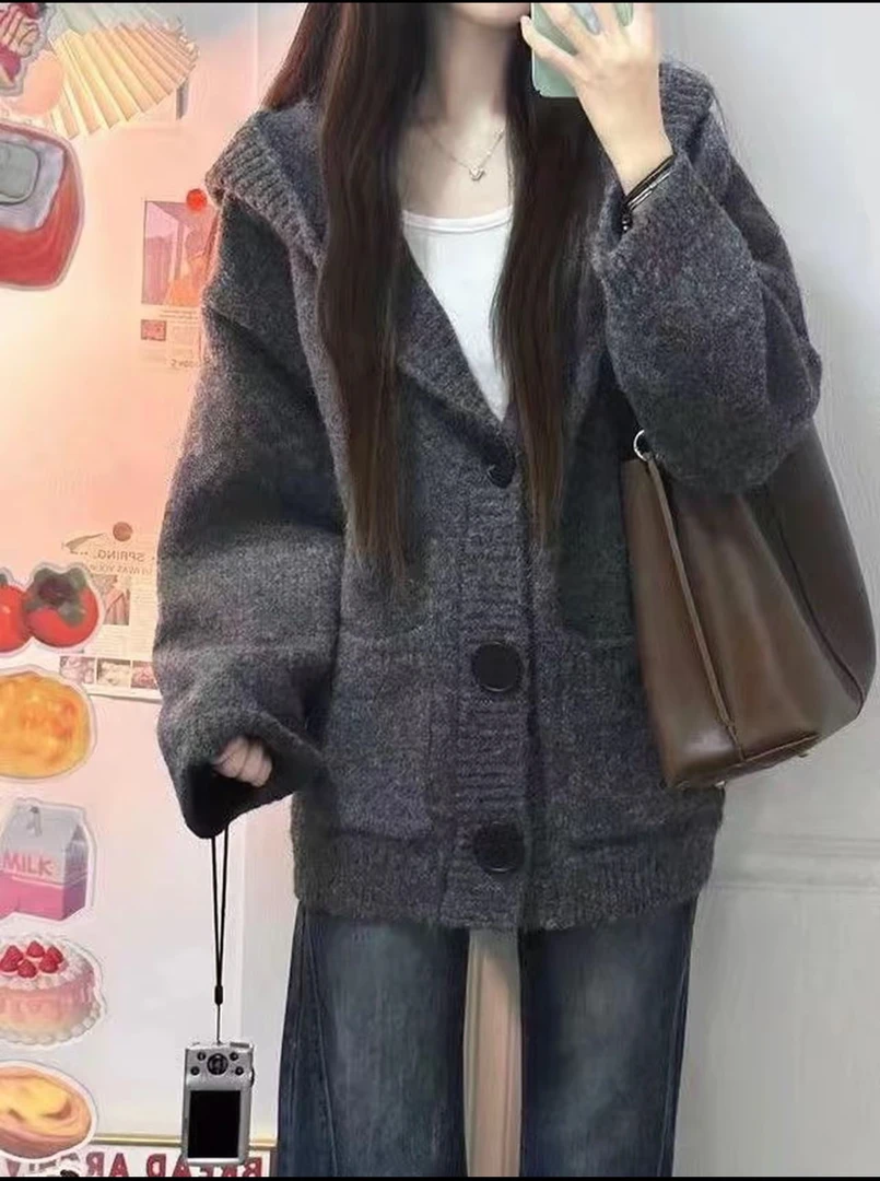 【01-28】韩系简约毛衣外套女秋冬款百搭宽松网红连帽针织开衫