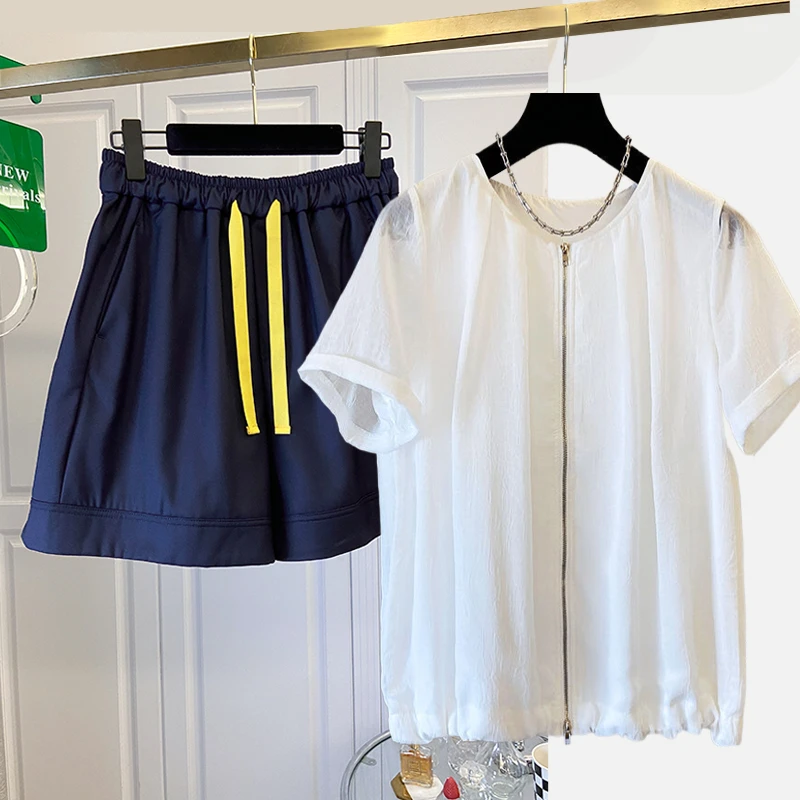 夏季新款拉链雪纺衬衫女宽松胖妹妹时尚套装+系带松紧短裤两件套