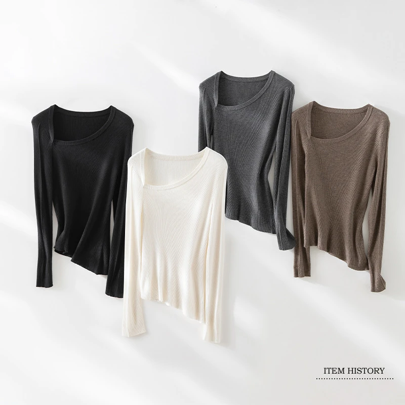 2025春季新款设计感不规则领口长袖针织衫女性感显瘦毛衣打底衣