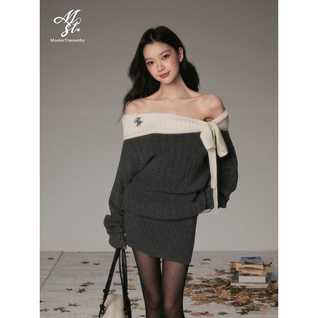 Moster Timnothy原创一字肩蝴蝶结厚款连衣裙圣诞节针织长袖毛衣