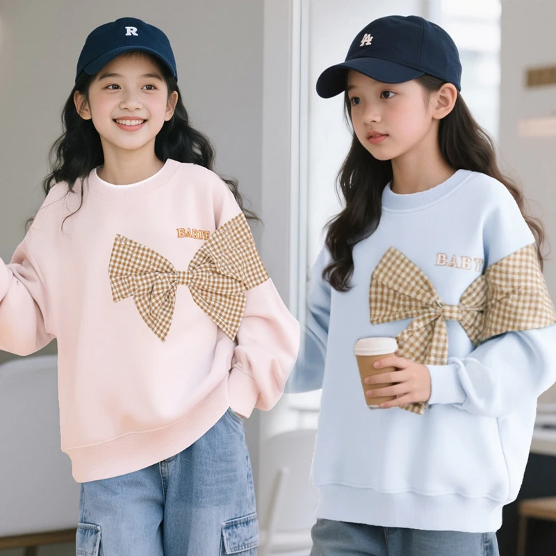 上衣套头圆领女孩春秋刺绣休闲女童装卫衣长袖运动风中大童蝴蝶结