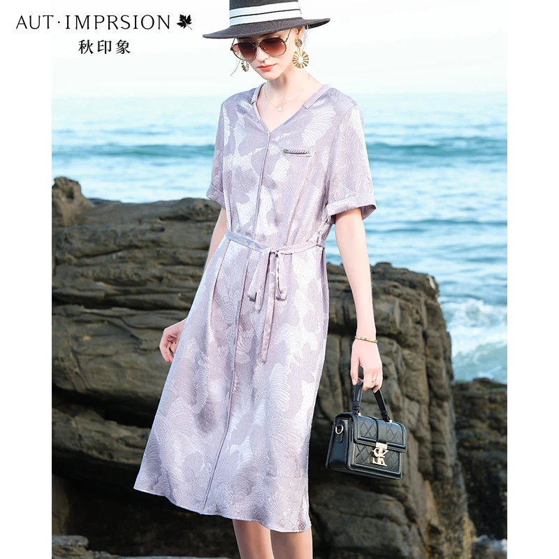 大牌风提花缎真丝冠乐绉连衣裙2025新款夏季女士桑蚕丝中长款裙子