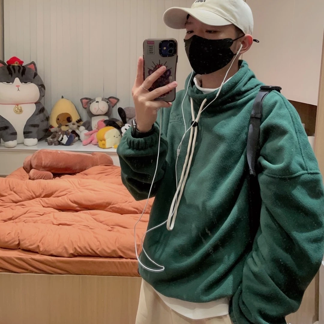 字母刺绣抽绳长袖半高领宽松卫衣 春秋冬 男女同款情侣款