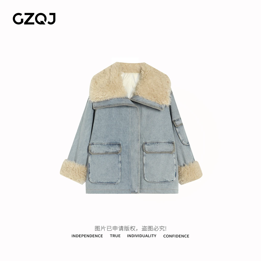 广州琴姐【富士山下】大翻毛领加厚保暖鸭绒牛仔羽绒服外套女08197