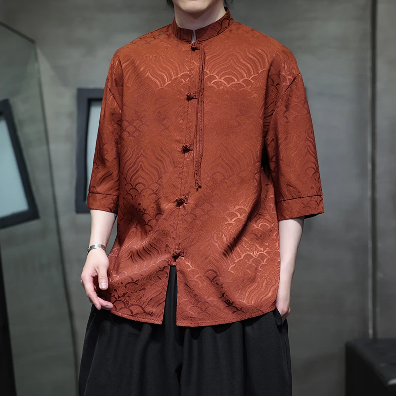 2025夏祥云中国风冰丝汉服短袖衬衫男新中式大码宽松立领盘扣衬衣