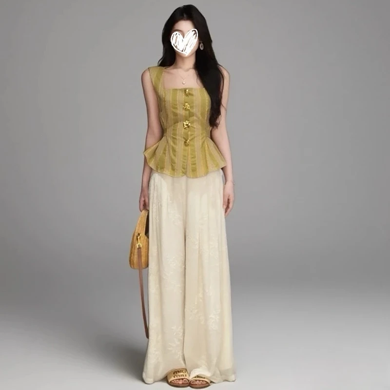 时尚套装女2025夏季新款洋气显瘦时髦无袖上衣阔腿裤气质两件套潮