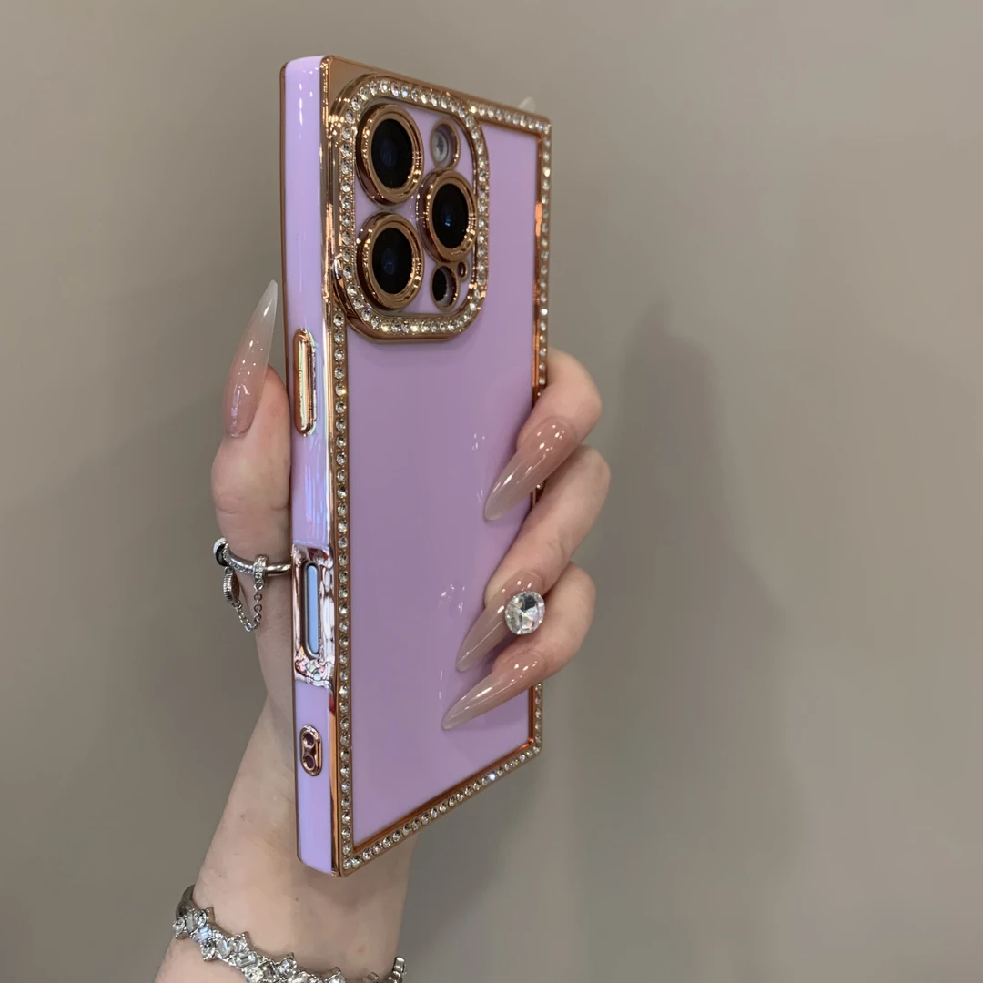 高颜值纯色时尚适用苹果16promax镶钻边框电镀方形手机壳15/14/13