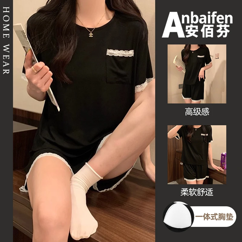 蕾丝边露背睡衣女夏季带胸垫薄款短袖短裤2025新款高级感黑色套装