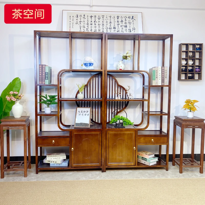实木博古架多宝阁茶室置物架茶具储物柜靠墙一体新中式展示陈列柜