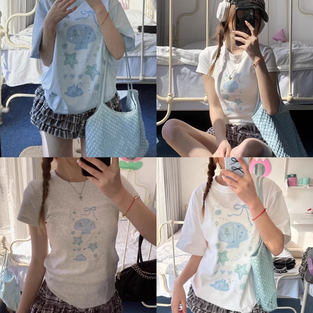 凡他姨【夏日人鱼姬】甜美贝壳印花T恤百搭少女风圆领短袖上衣女