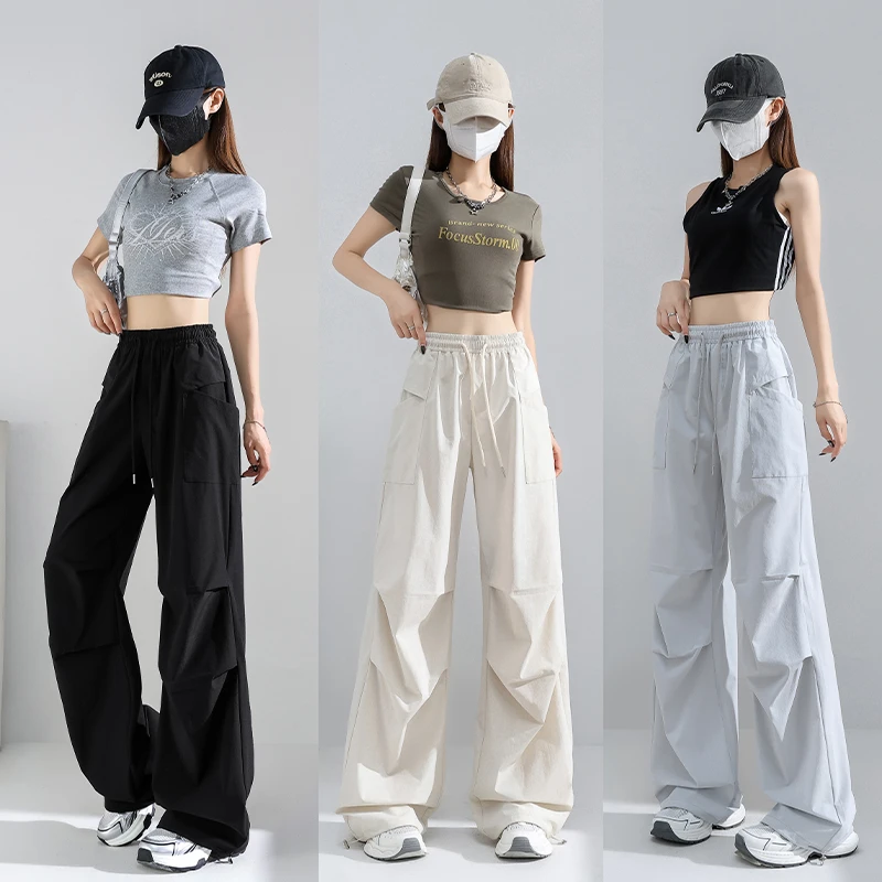 冰丝速干工装裤女夏季薄款宽松直筒运动休闲裤可束脚阔腿降落伞裤