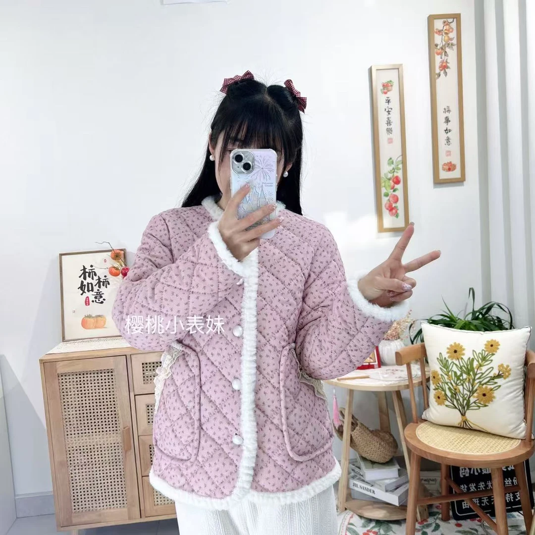 【樱桃小表妹】新春爆款灯芯绒碎花加绒保暖时尚百搭小香风