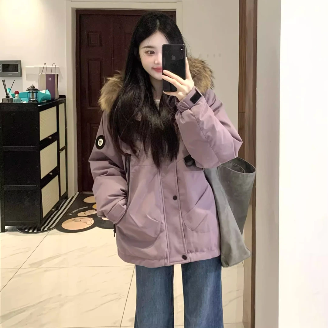 派克服棉服女款2025新款冬季连帽大毛领工装加绒加厚紫色棉衣外套