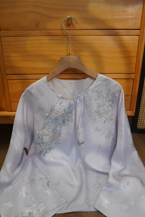 【竹枝】满分桑蚕丝印花花萝圆领侧开襟新中式毛衫上衣