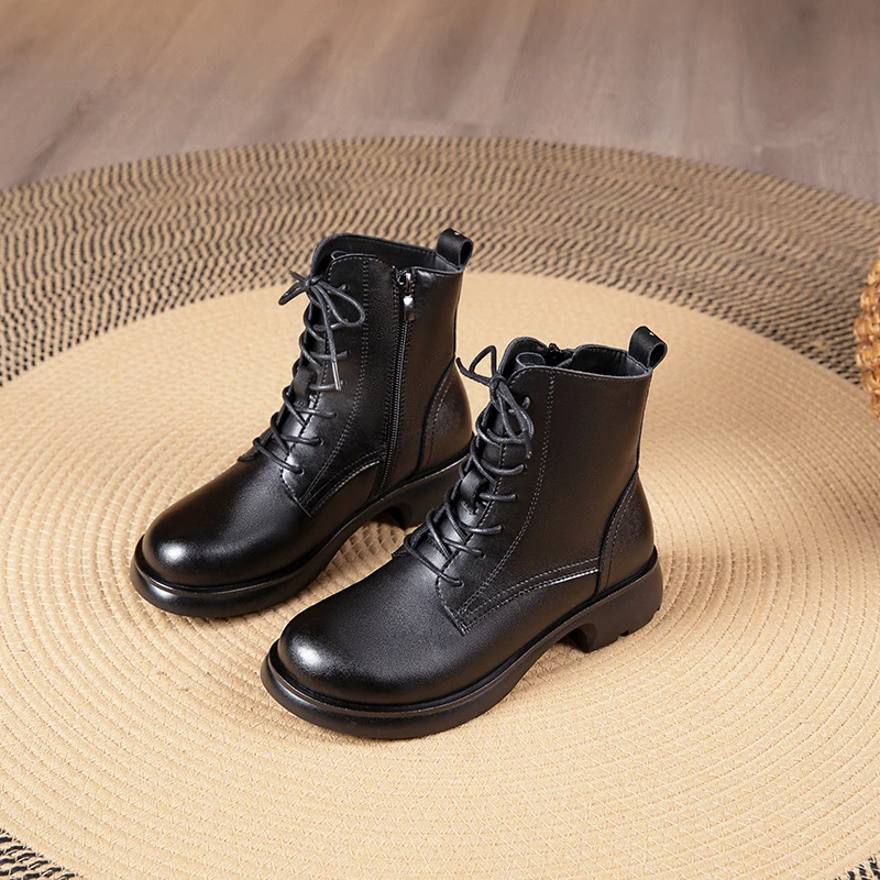 万达撤柜头层牛皮英伦风马丁靴女2025新款休闲百搭秀短靴增高厚底