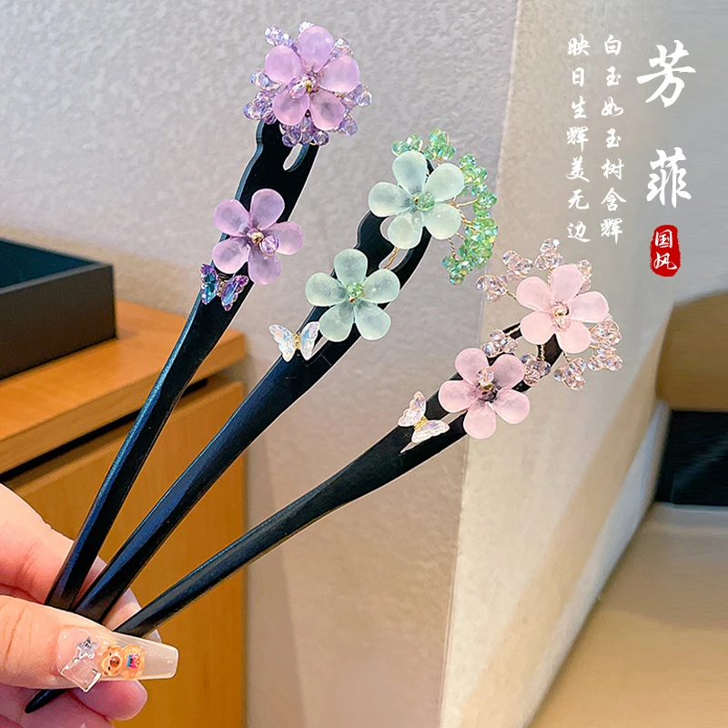 女童超仙花朵木质发簪新中式旗袍发钗儿童后脑勺盘发簪子古风头饰