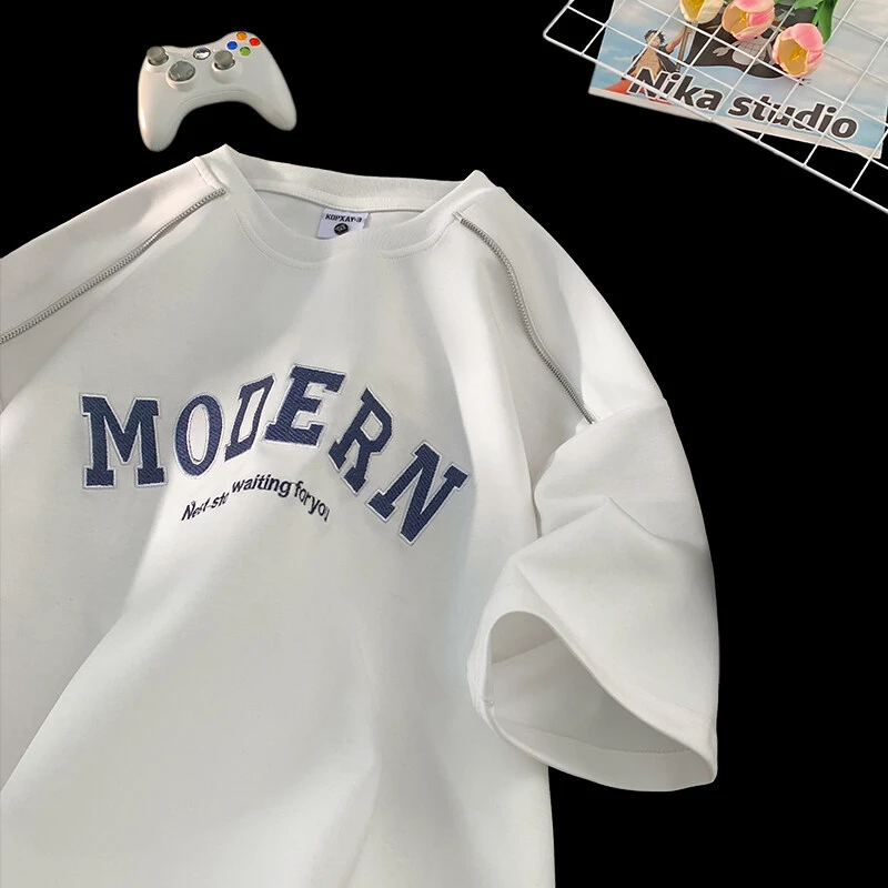 夏季新款抗皱刺绣短袖T恤男生百搭圆领半袖ins港风潮牌宽松体恤衫