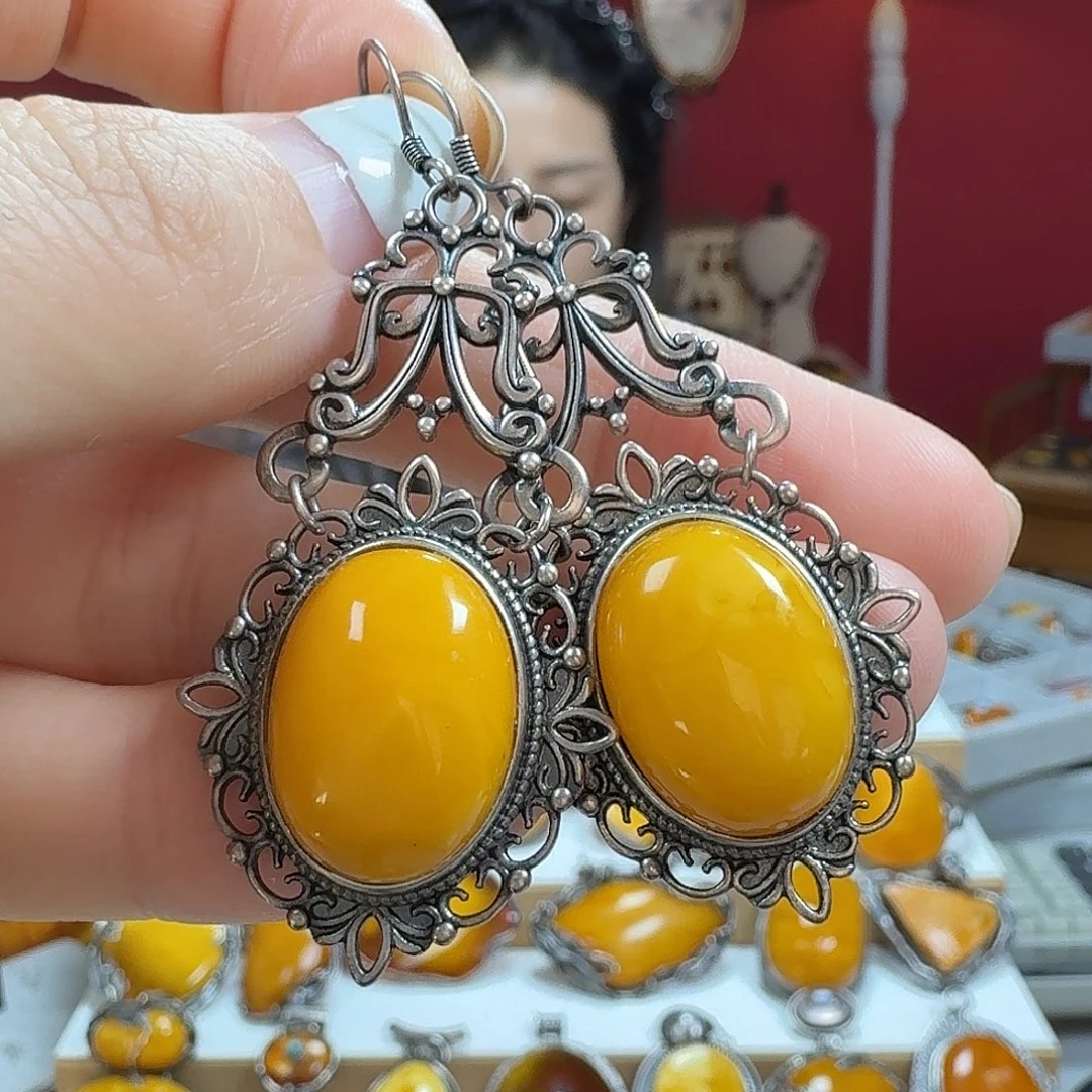 蜜蜡银S925镶嵌耳饰耳坠