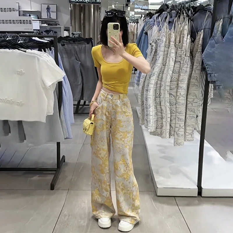 春夏季新款黄色扎染牛仔裤女高个子加长2025早春花色宽松阔腿彩裤