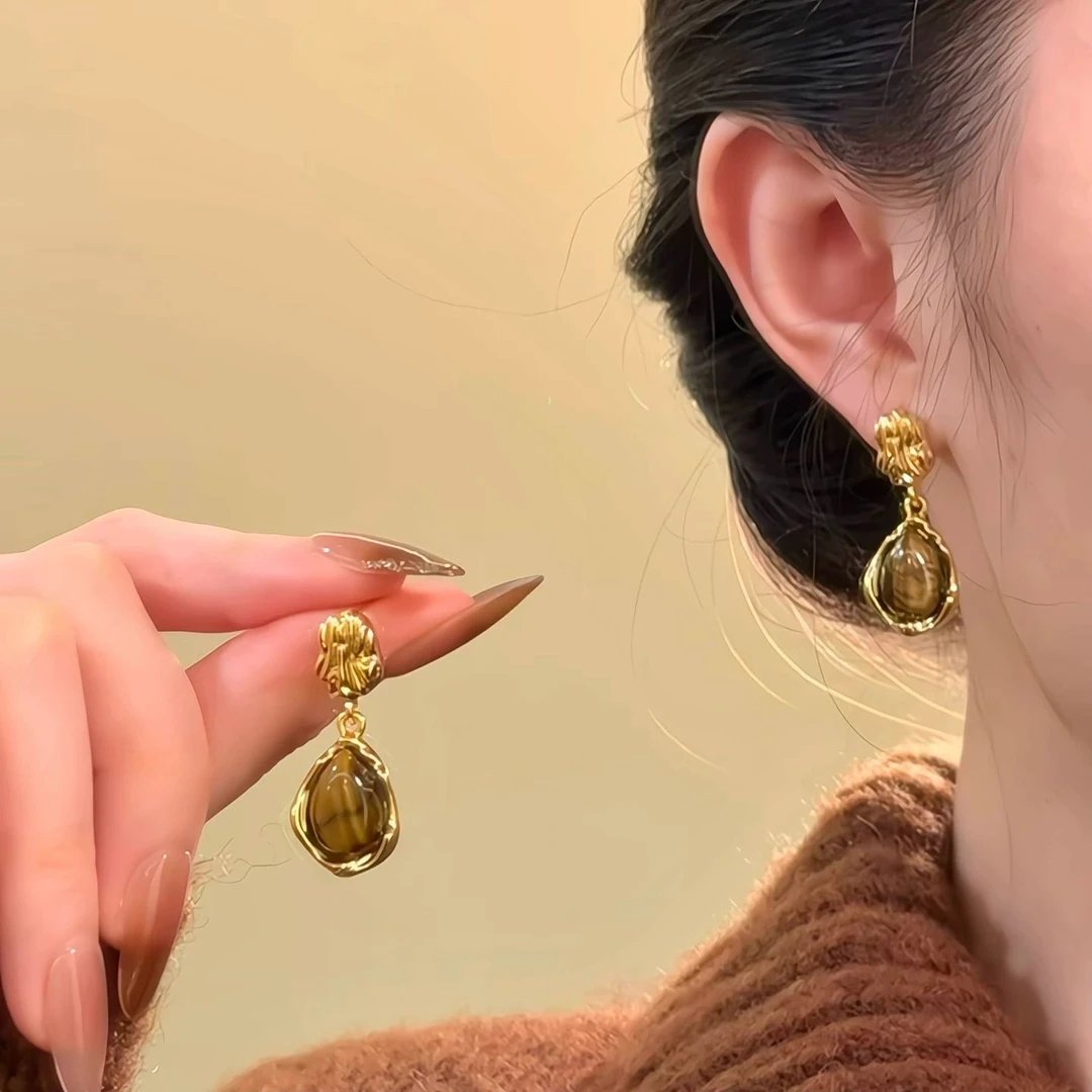 合金耳饰 向阳之诗~金色复古虎眼石耳钉耳坠精致设计感耳环