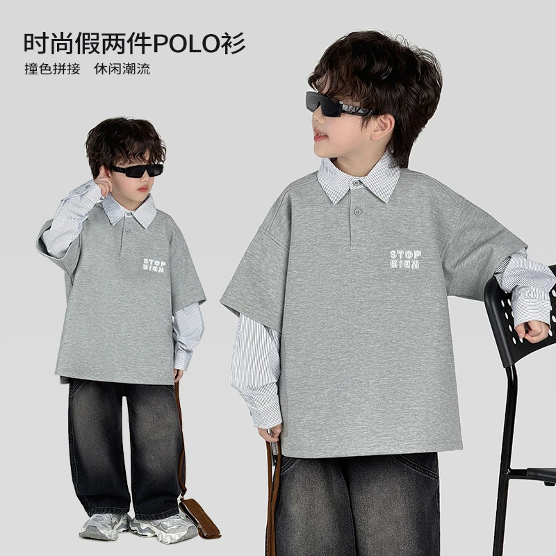 中班仔男童POLO衫2025新款时尚假两件长袖春秋装上衣潮*36231