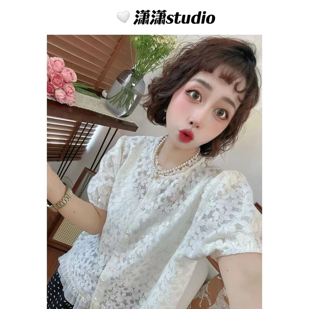 【优雅邂逅】【精致】【显瘦】潇潇超软蕾丝面料胖瘦可穿半袖衬衣XW0078