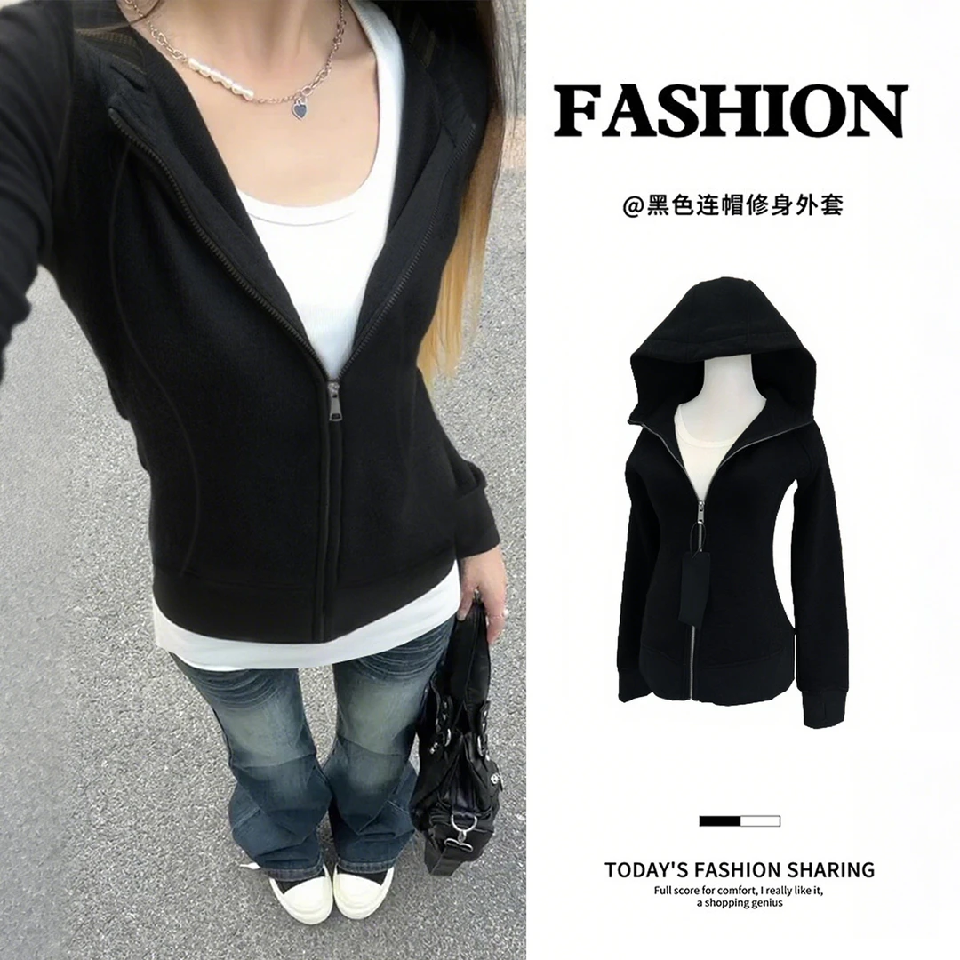 黑色正肩卫衣外套女款秋季修身收腰连帽上衣韩系早秋冬天穿搭短款