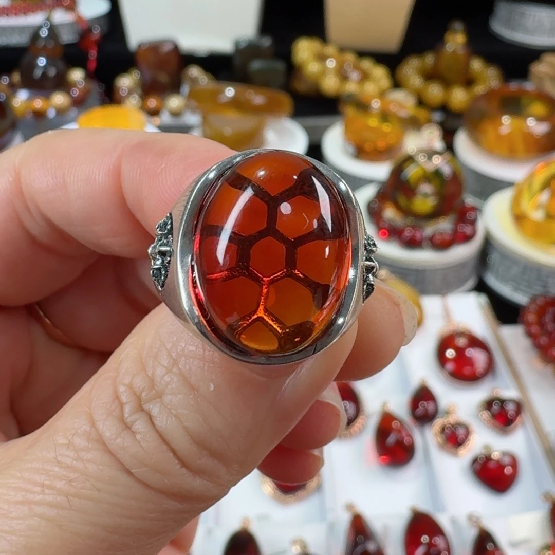 琥珀裸石银S925镶嵌天然缅甸血珀戒指