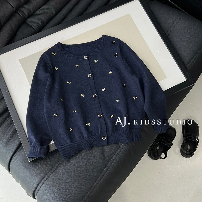 阿卷秋韩版儿童蝴蝶结刺绣针织软糯毛衣开衫外套MPG5791