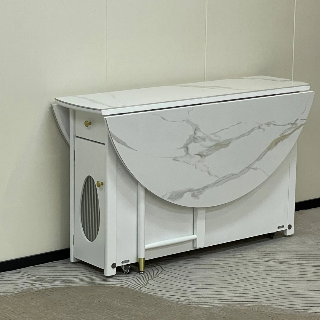 岩板圆形折叠餐桌小户型可伸缩家用现代简约全实木饭桌防烫耐高温