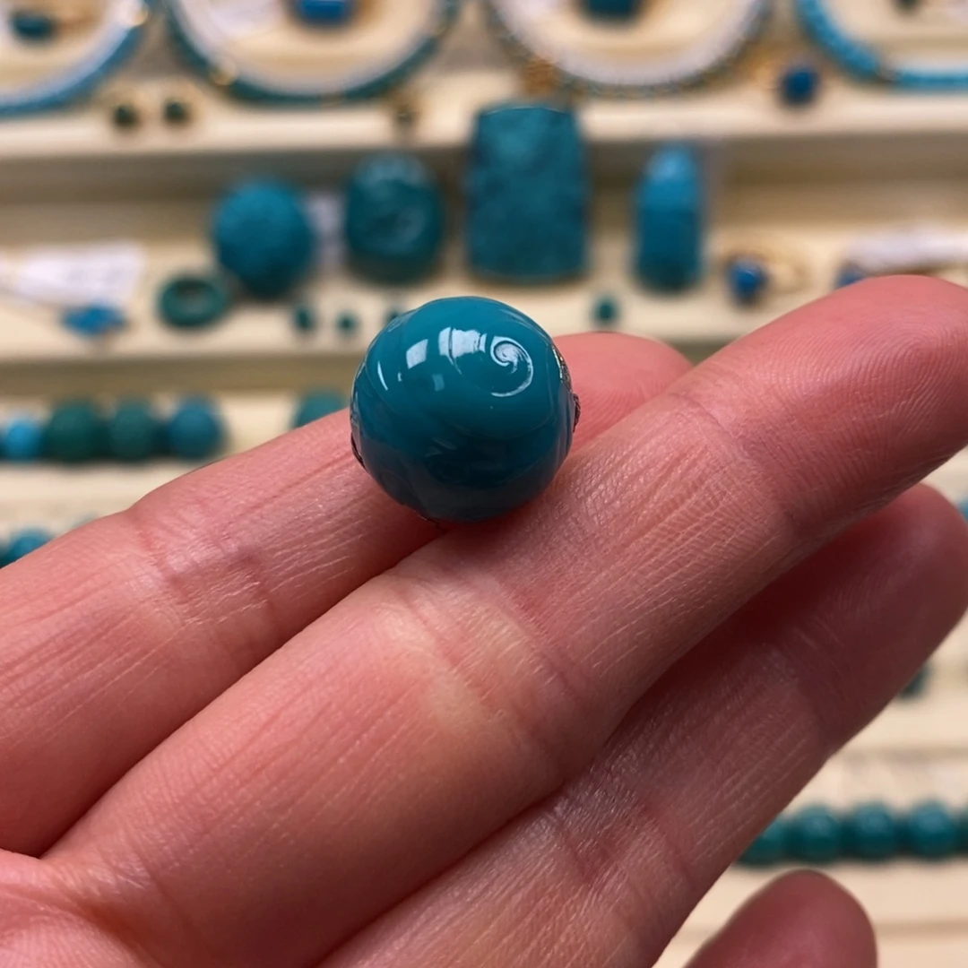 绿松石未镶嵌珠宝奇石直径13.4博古纹圆珠