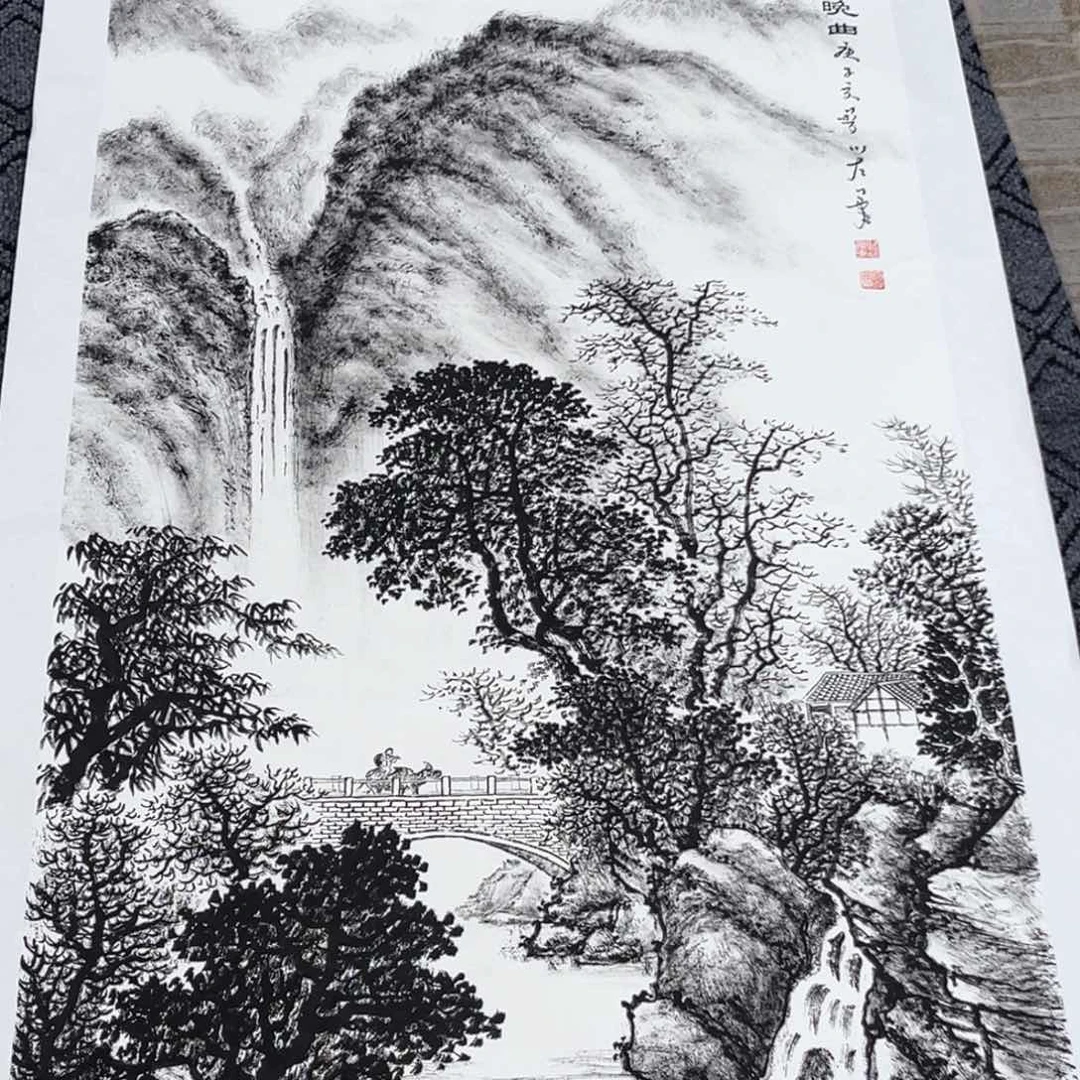 会***头国画宋志纯老师四尺三开山水作品