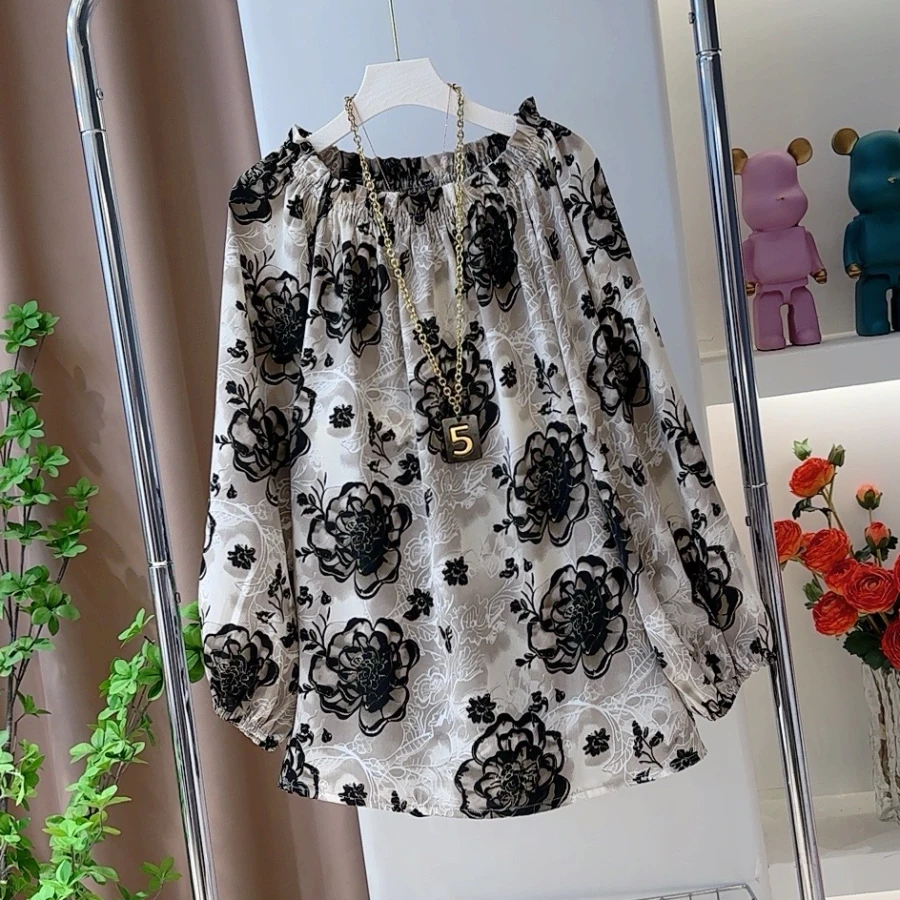 1820九分袖碎花早春气质宽松显瘦度假风韩版印花雪纺衫女装直播