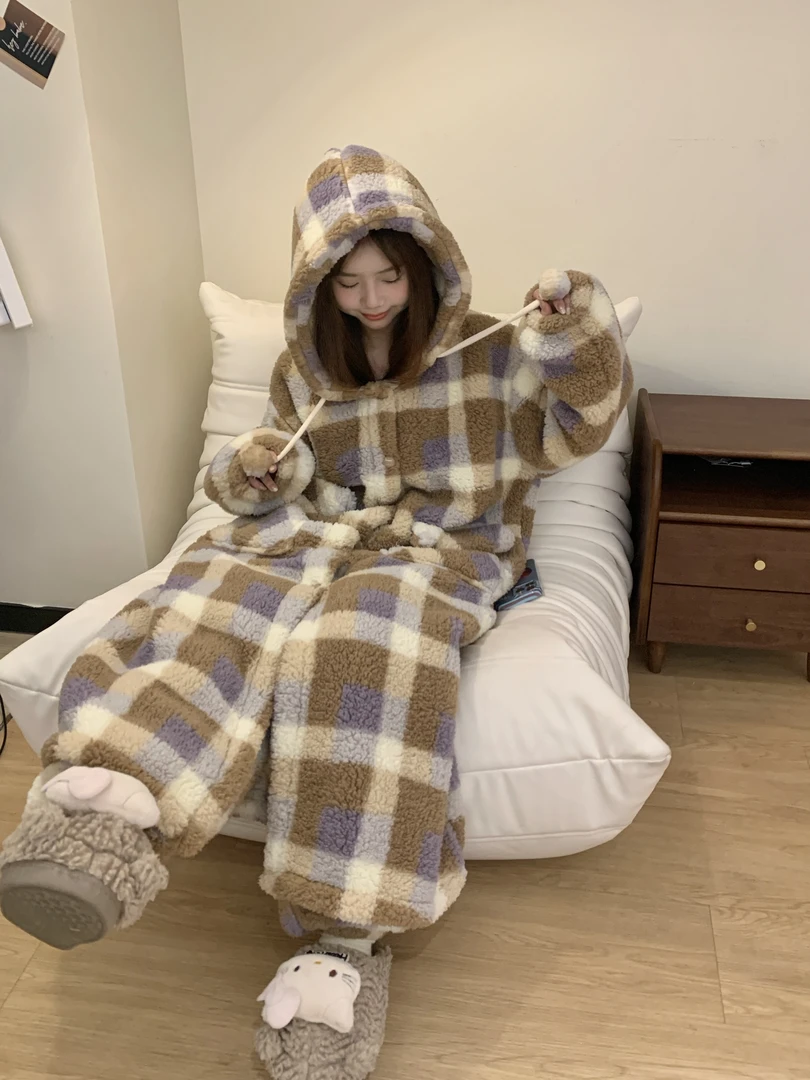 【甜美格纹】少女珊瑚绒睡衣女冬季加绒加厚睡袍长裤套装保暖家居服