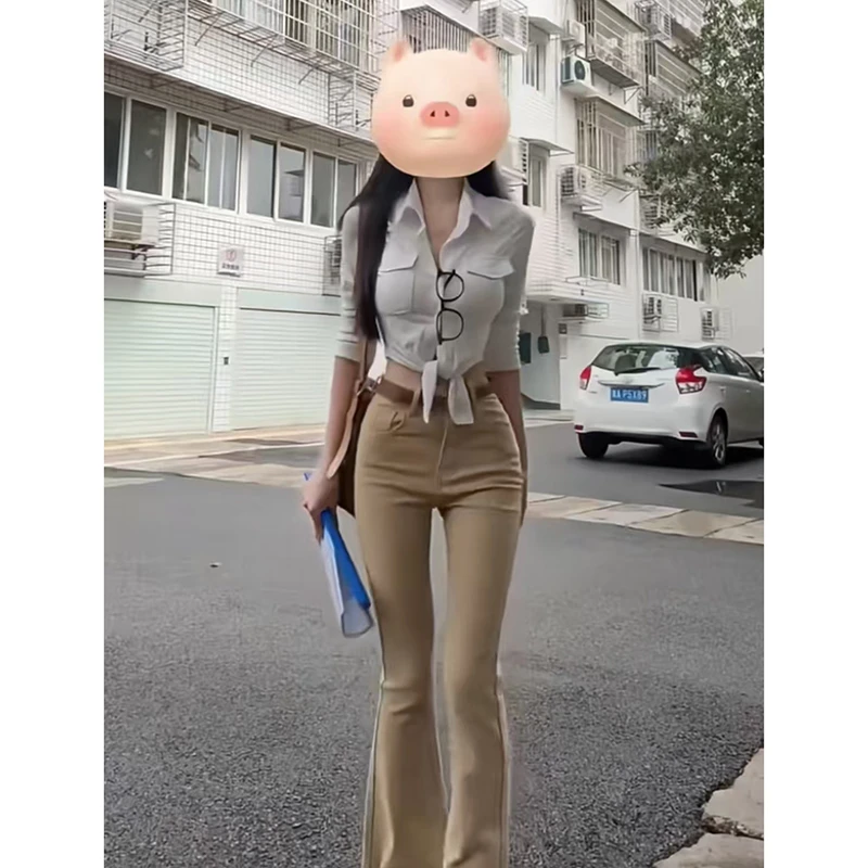 【B Y】白色气质性感时尚长袖修身衬衫女紧身显瘦洋气裤子2025新款