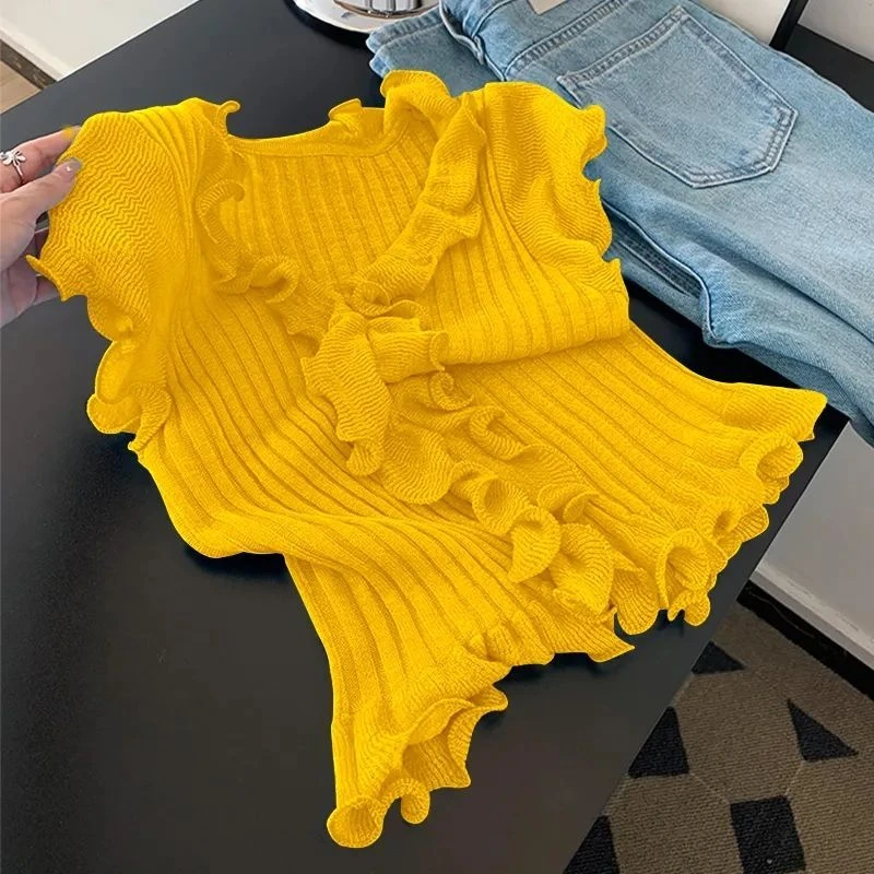 蓝色冰丝针织短袖t恤女2025新款夏季木耳花边独特漂亮掐腰小上衣