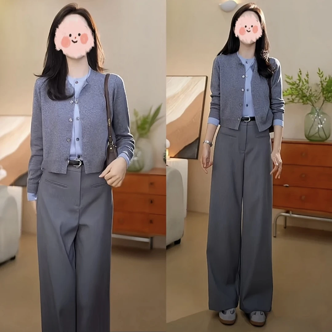 开春韩系通勤气质套装高级感时尚假两件针织开衫西装直筒裤两件套