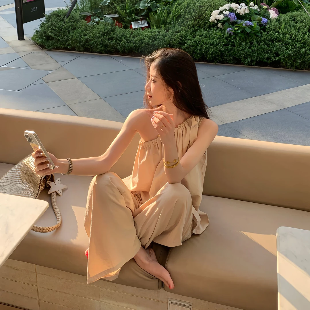 亚麻+莱赛尔2025夏季新款镂空斜肩宽松背心+直筒宽松休闲裤套装