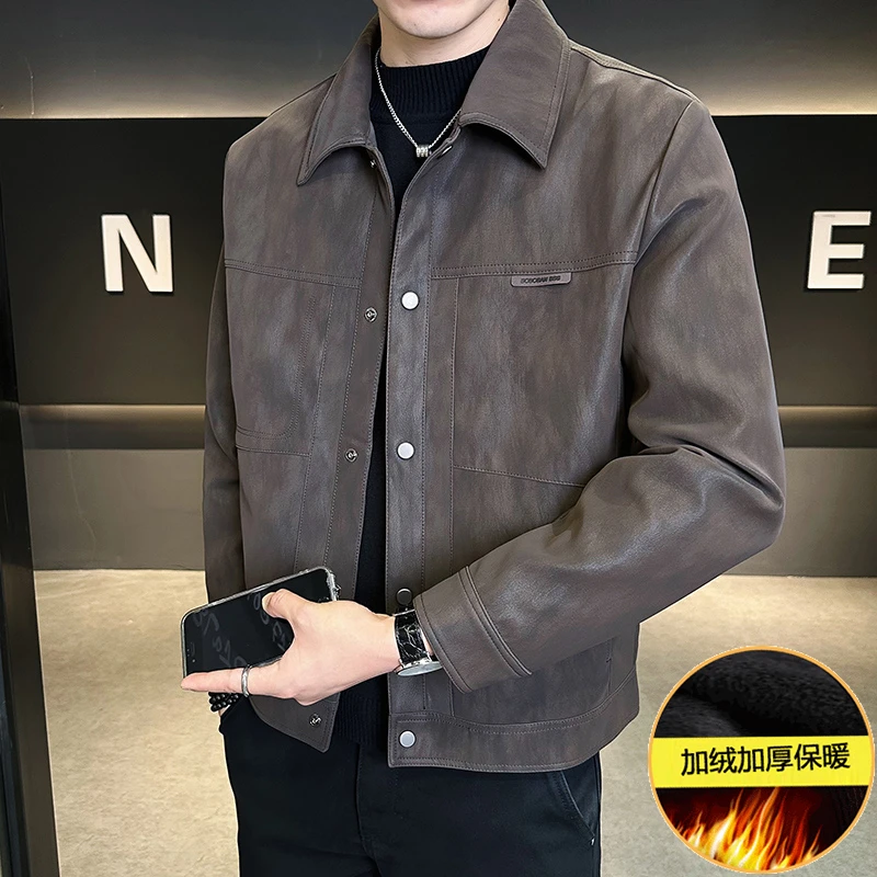 高端加绒加厚软皮夹克男士秋冬季装潮流修身2025新款保暖皮衣外套