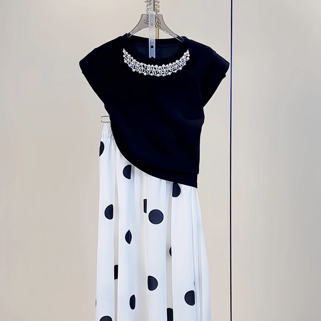 【梦梦MmMm~】夏季短袖圆领纯色珍珠点缀气质休闲时尚百搭套装