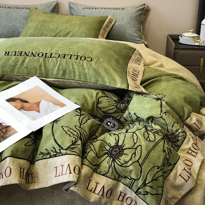 轻奢高级感磨毛床上四件套美式复古被套宿舍床单三件套床笠绿床品